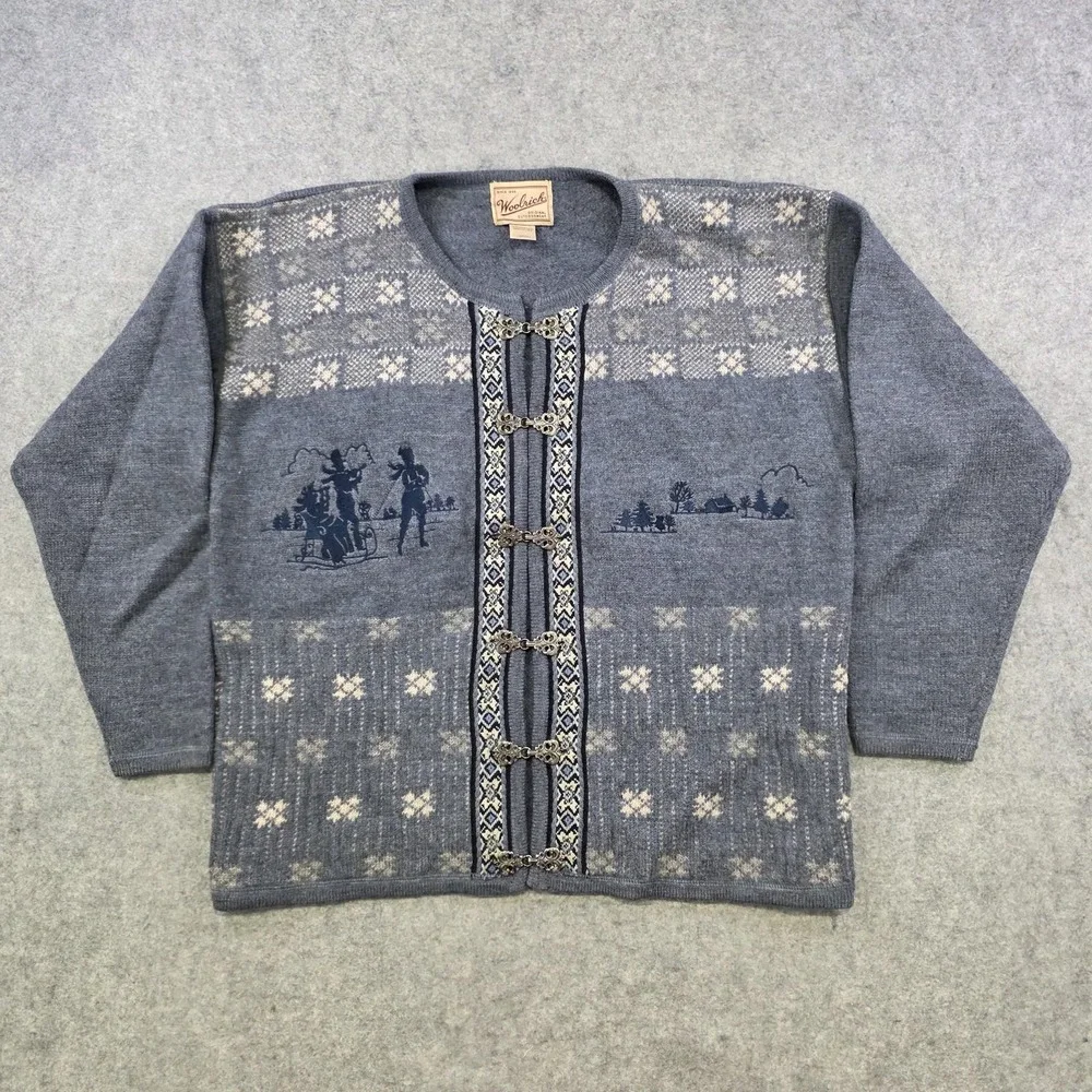 Vintage Woolrich Sweater Womens Medium Blue Wool Fair Isle Nordic Cardigan Clasp